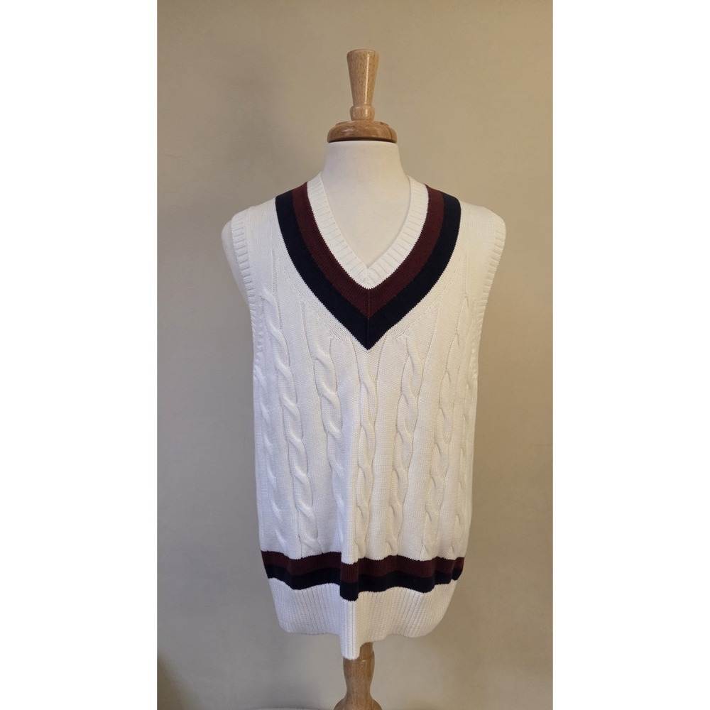 Brooks Brothers Sweater Vest Men L Cream Cable Knit Supima Cotton V-Neck Striped